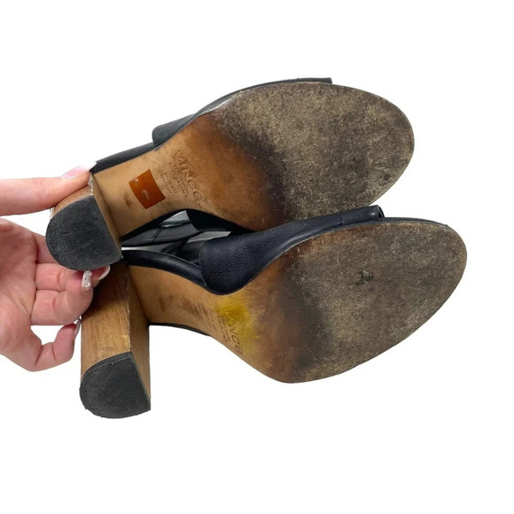 Vince Addie Cutout Black Leather‎ Sandal Wood Heels Size US 8 - Picture 14 of 14